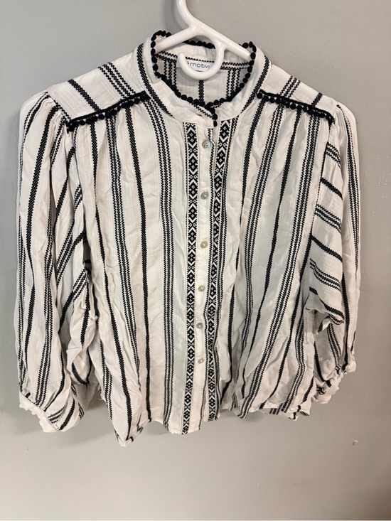 Motivi Tops - Motive women’s small Embroidered Stripe Button-Front Blouse - White/Black